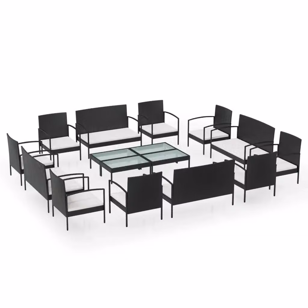 Set di Divani da Giardino vidaXL a Forma di U con Cuscini, Tavolino e Poltroncine in Polyrattan e Metallo, Nero e Bianco – 2