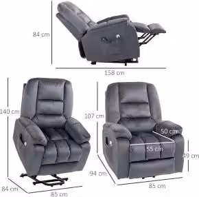 Poltrona elettrica reclinabile con massaggio e calore REDOM grigia con supporto per il sollevamento e struttura in metallo L/P/H: 85 x 94 x 107 cm – 1