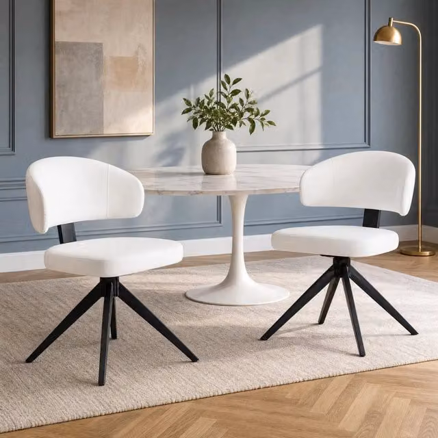 Set di 2 sedie da pranzo MIVRAY in similpelle bianca con seduta imbottita, schienale curvo e base in acciaio girevole a 360 gradi