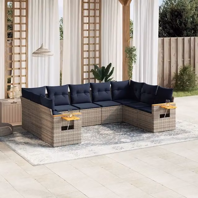 Set Divani da Giardino 9 pz con Cuscini Grigio in Polyrattan 3227118