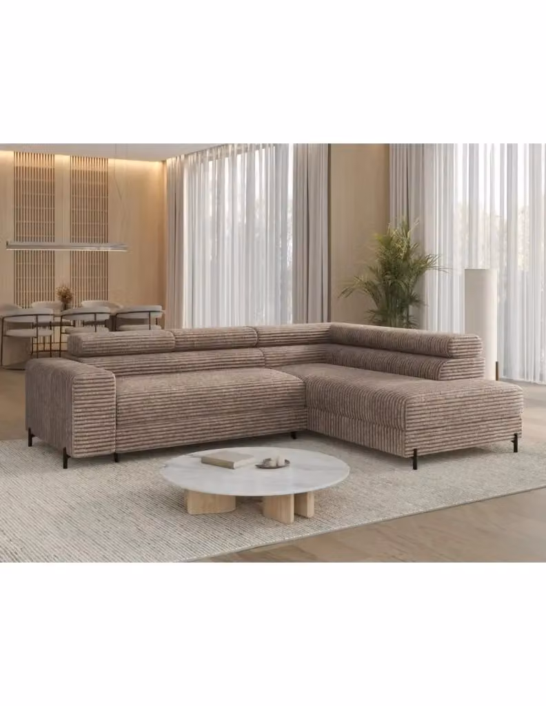 Divano ad angolo convertibile COLESIA MEUBLORAMA in velluto a coste beige con funzione letto e poggiatesta regolabile, lato destro, L 274 cm x P 200 cm – 2