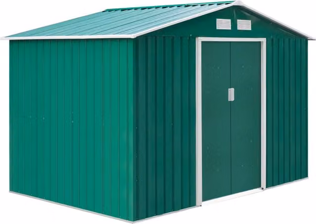 EasyComfort Casetta da Giardino 4.9 m² con Fondazione, 4 Prese d'Aria e 2 Porte Scorrevoli, Capanno Porta Attrezzi in Lamiera d'Acciaio, 277x195x192 cm, Verde Scuro