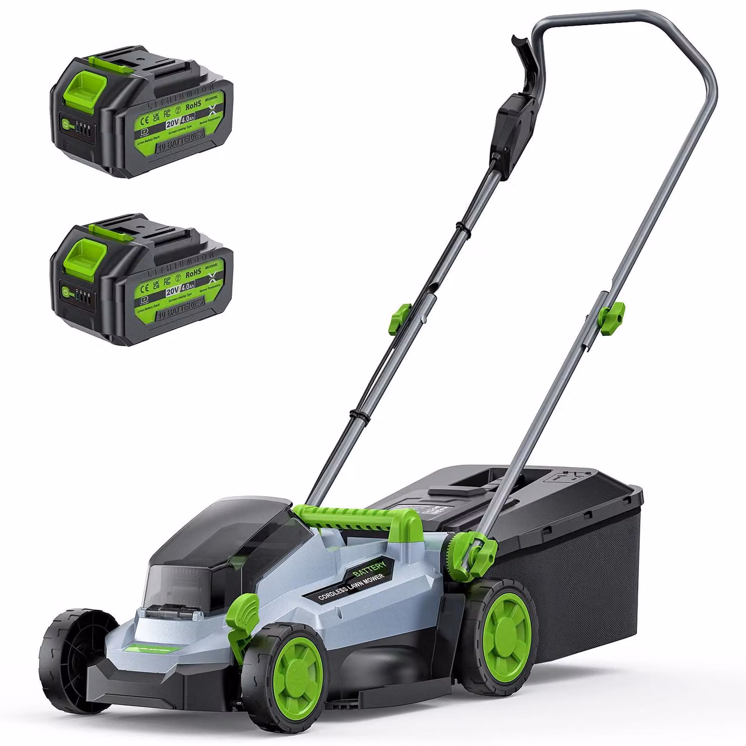 Tagliaerba a batteria - 40 V - Larghezza di taglio di 33 cm - Motore brushless - 2 batterie da 4,0 Ah con caricabatterie - Contenitore di raccolta erba da 30 litri - Regolazione dell'altezza con 5 posizioni