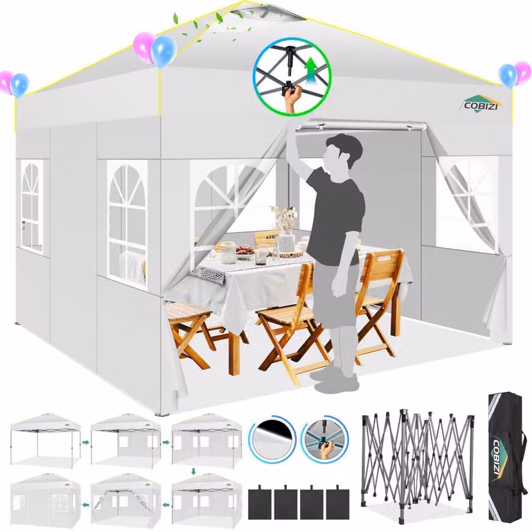 Gazebo da esterno 3x3 metri, impermeabile, stabile, resistente alle intemperie invernali, con 4 pareti laterali, colore bianco