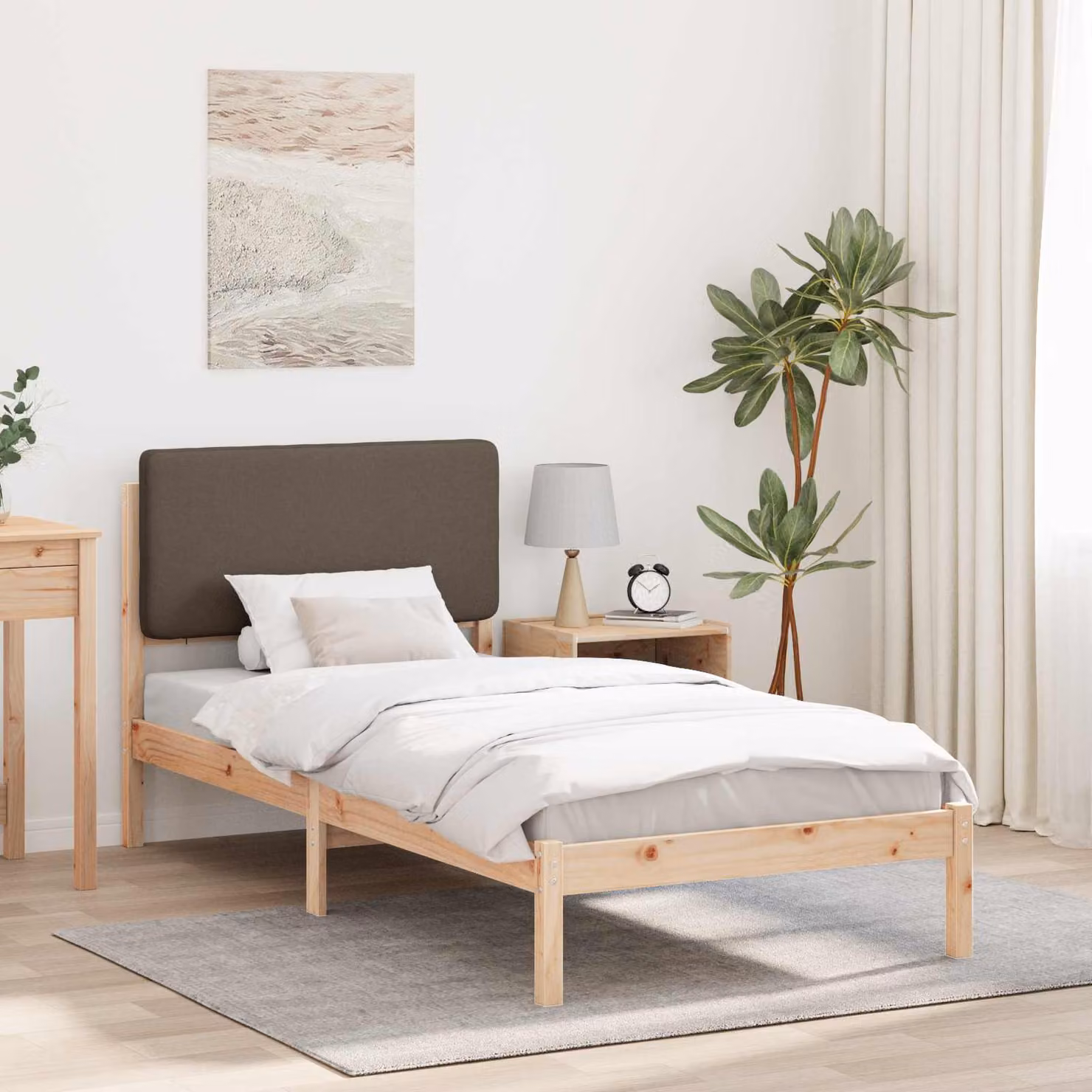 Letto con testiera rivestita vidaXL in pino massello, colore beige o grigio, L 75 x P 190 cm