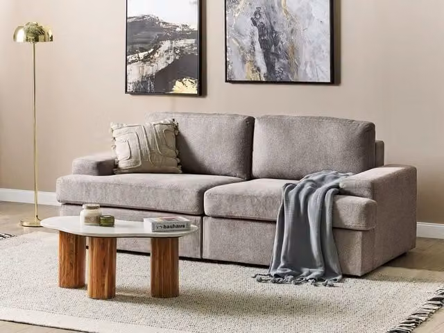 Divano Classico a 3 Posti Beliani in Tessuto Grigio e Marrone con Schienale Imbottito e Cuscini Inclusi L: 208 cm, P: 86 cm, H: 63 cm