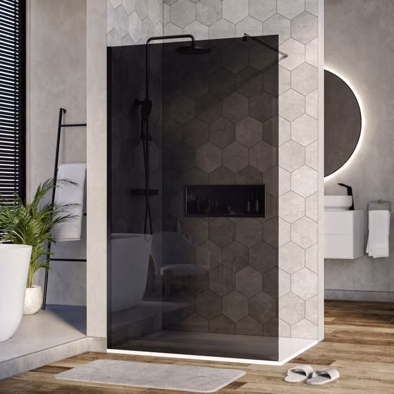 Cabina doccia Walk-In Nano EX101 - Vetro grigio - 8 mm - Profilo a parete nero - Larghezza selezionabile, Larghezza Walk-In:1200mm