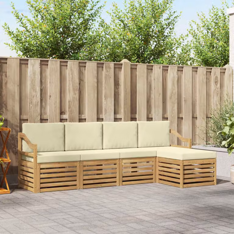 Set di divani da esterno vidaXL a forma di L composto da 5 pezzi in legno di acacia con cuscini bianchi e beige