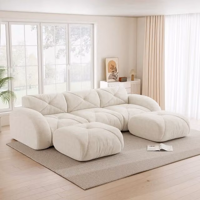 Divano Modulare a U con 2 Sgabelli MINIMAL in Tessuto Bianco