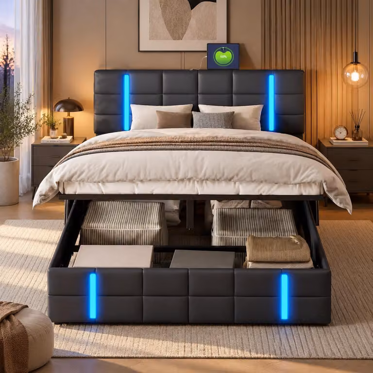 Letto matrimoniale idraulico INONEFT, 160x200 cm, con illuminazione LED, letto a due piazze per ragazzi con prese USB, struttura del letto con rete a doghe, colore nero (PU)