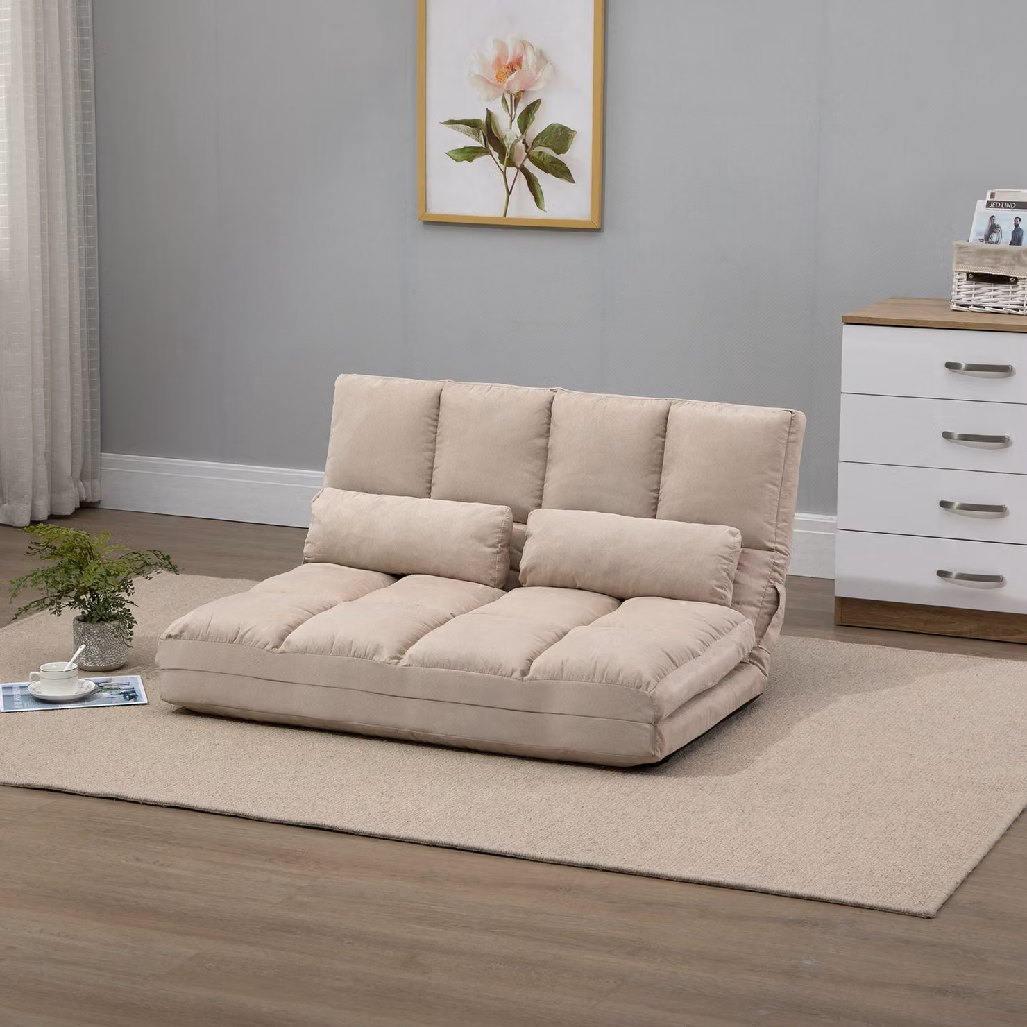 Poltrona convertibile pieghevole HOMCOM beige con materasso aggiuntivo, schienale regolabile in 14 posizioni e 2 cuscini in microfibra e schiuma – 2