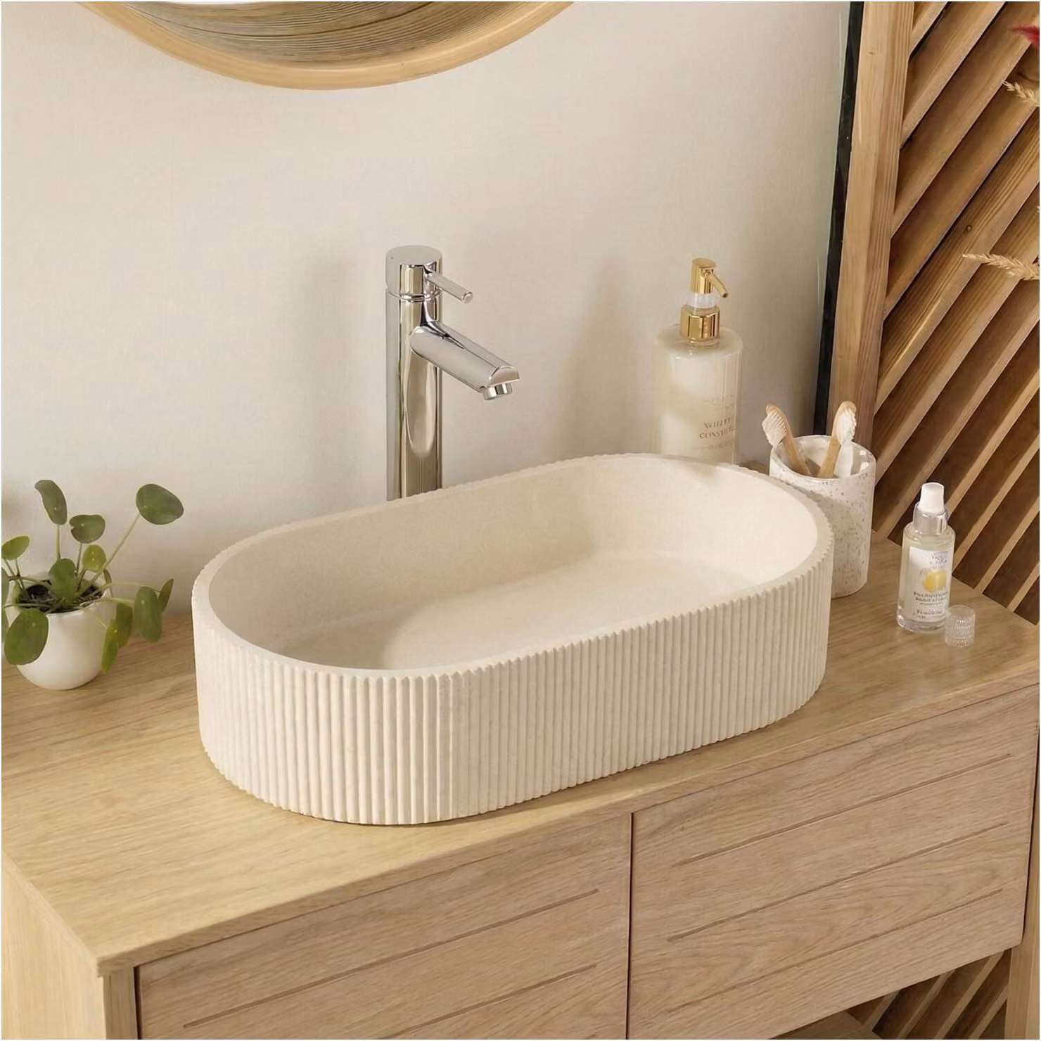 Lavabo ovale da appoggio in cemento beige scanalato 37x50cm BALTE