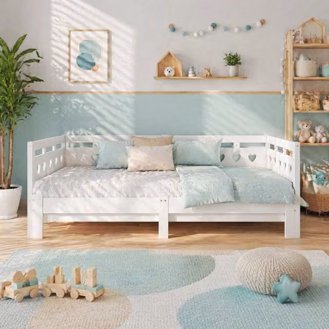 Letto da giorno estraibile a cuore 90-182 x 200 cm in legno di pino e MDF; bianco