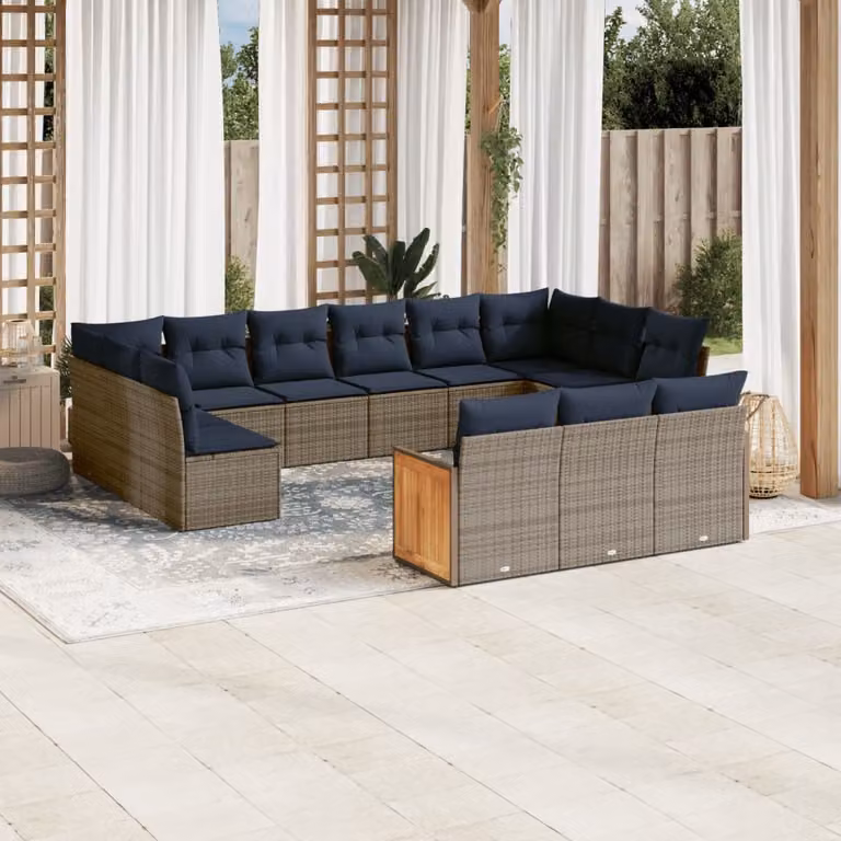 Set Divani da Giardino vidaXL 13 pz a Forma a U in Polyrattan e Legno di Acacia con Cuscini Blu e Grigri