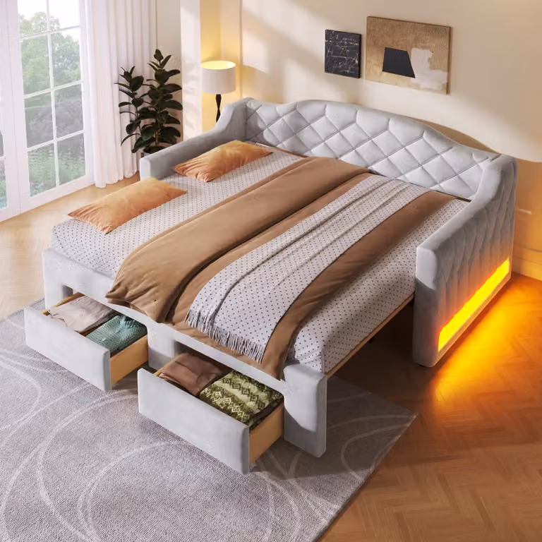 okwish Divano letto 90/180x200 Letto imbottito per bambini con due cassetti Letto singolo con struttura dotata di illuminazione a LED e vano portaoggetti Grigio (senza materasso)