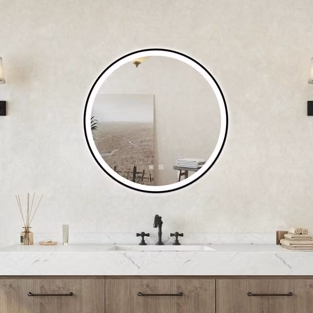 Specchio da bagno tondo Aica Italy con retroilluminazione LED dimmerabile e funzione antiappannamento, colore bianco, Diametro: 70 cm – 1