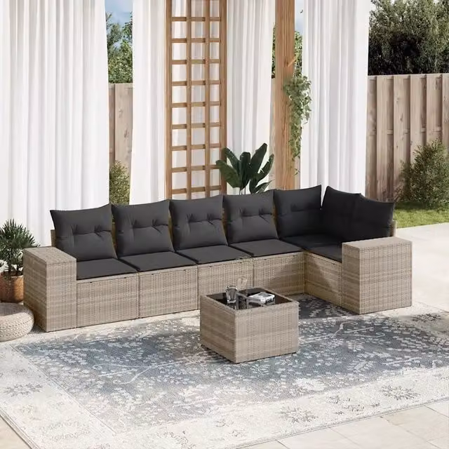 Set da giardino componibile a L vidaXL in rattan con 7 pezzi e cuscini grigi