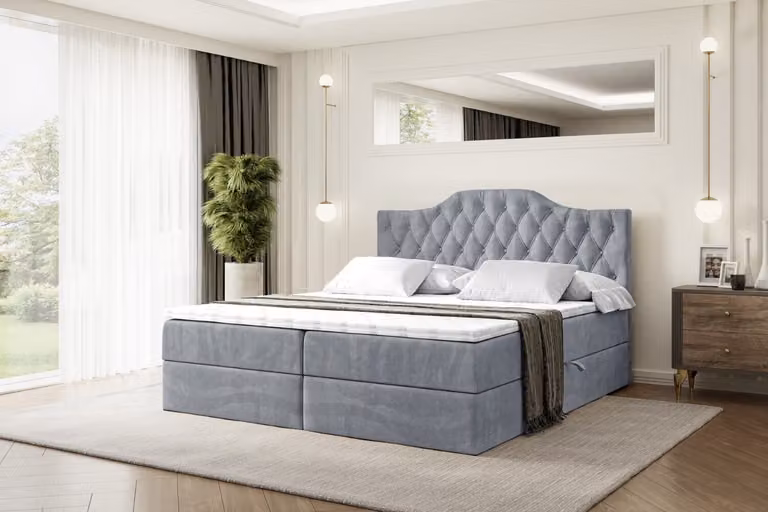 Letto boxspring ALTDECOR con materasso H4 e topper - 160 x 200 cm - VILA-1 - Grigio velluto - Letto imbottito con contenitore e rete a doghe, letto con spazio contenitivo