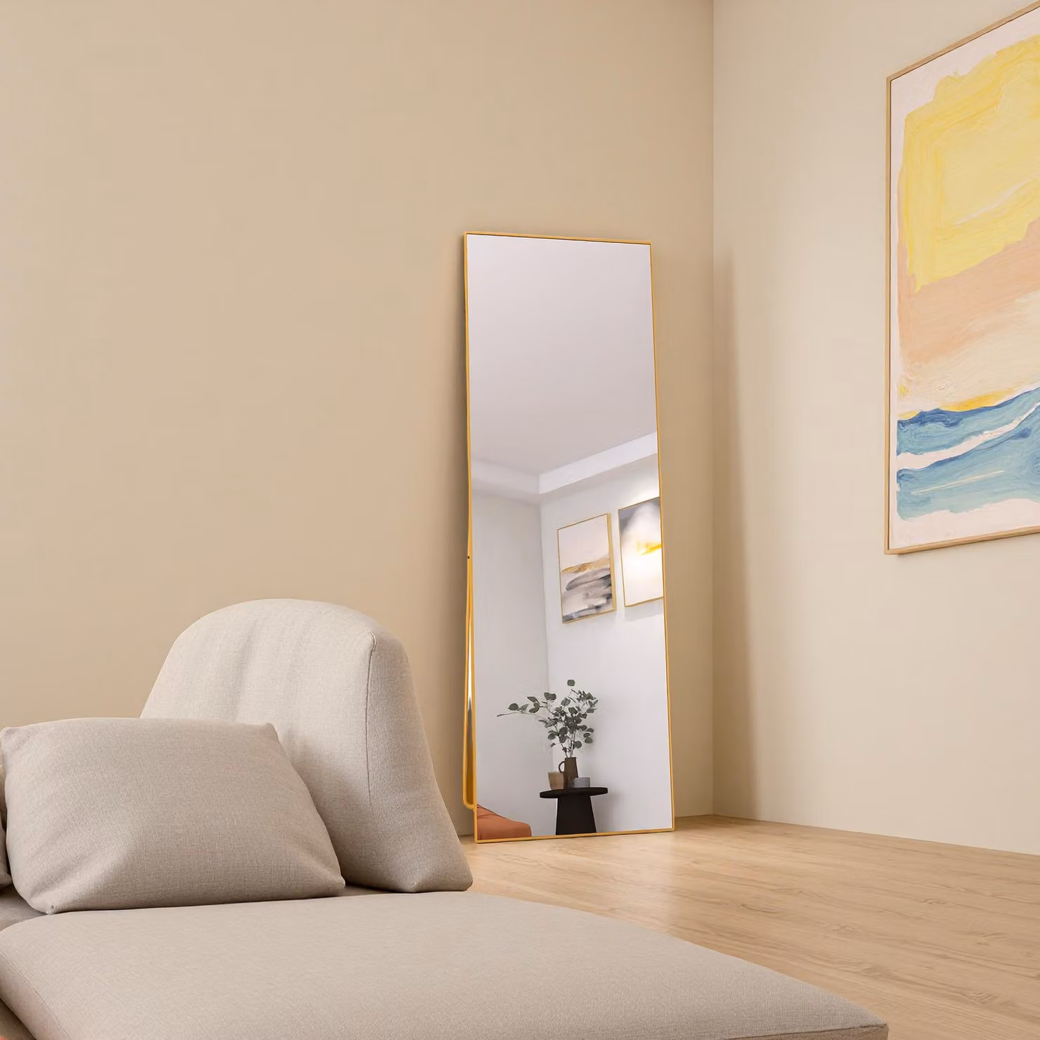 Specchio rettangolare per il trucco in vetro temperato, cornice in alluminio nero, 162 x 53 cm, elegante design moderno per la camera da letto o il bagno
