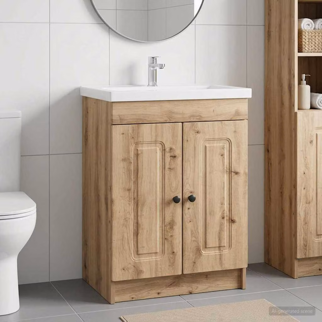 Mobiletto da bagno sotto il lavello vidaXL in rovere e metallo con ante a battente e ripiani interni, colore marrone e nero, L/P/H: 81,0 x 37,5 x 78,5 cm