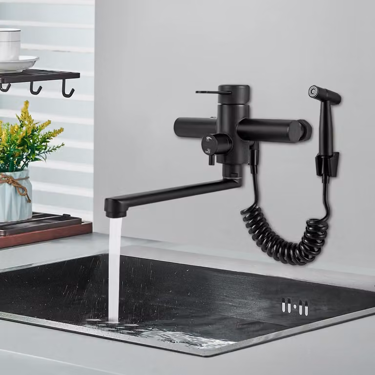 Rubinetto da cucina - Montaggio a parete - Orientabile a 360° - 3 tipi di getto - Doccetta - Acciaio inossidabile - Nero