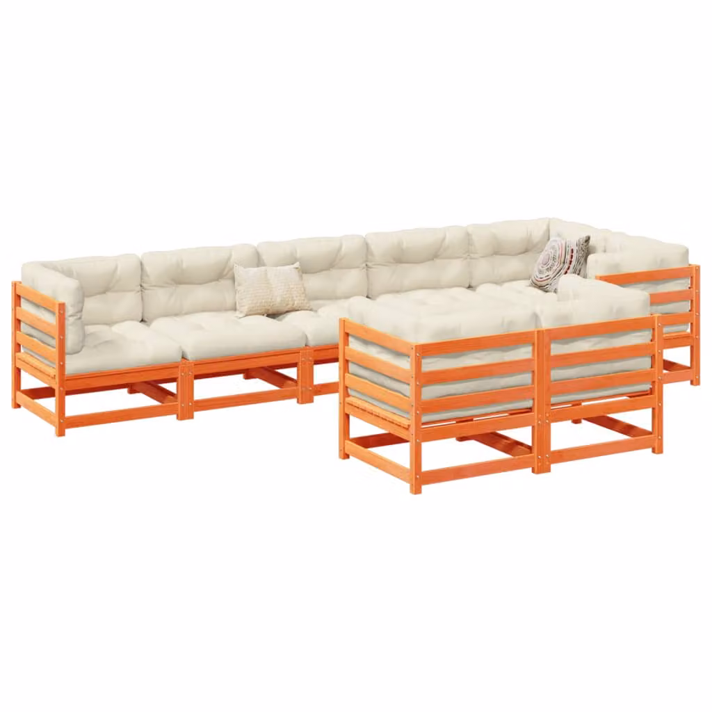 Set di divani da giardino vidaXL in legno massello di pino con cuscini beige e marrone, configurazione a L per 8 persone