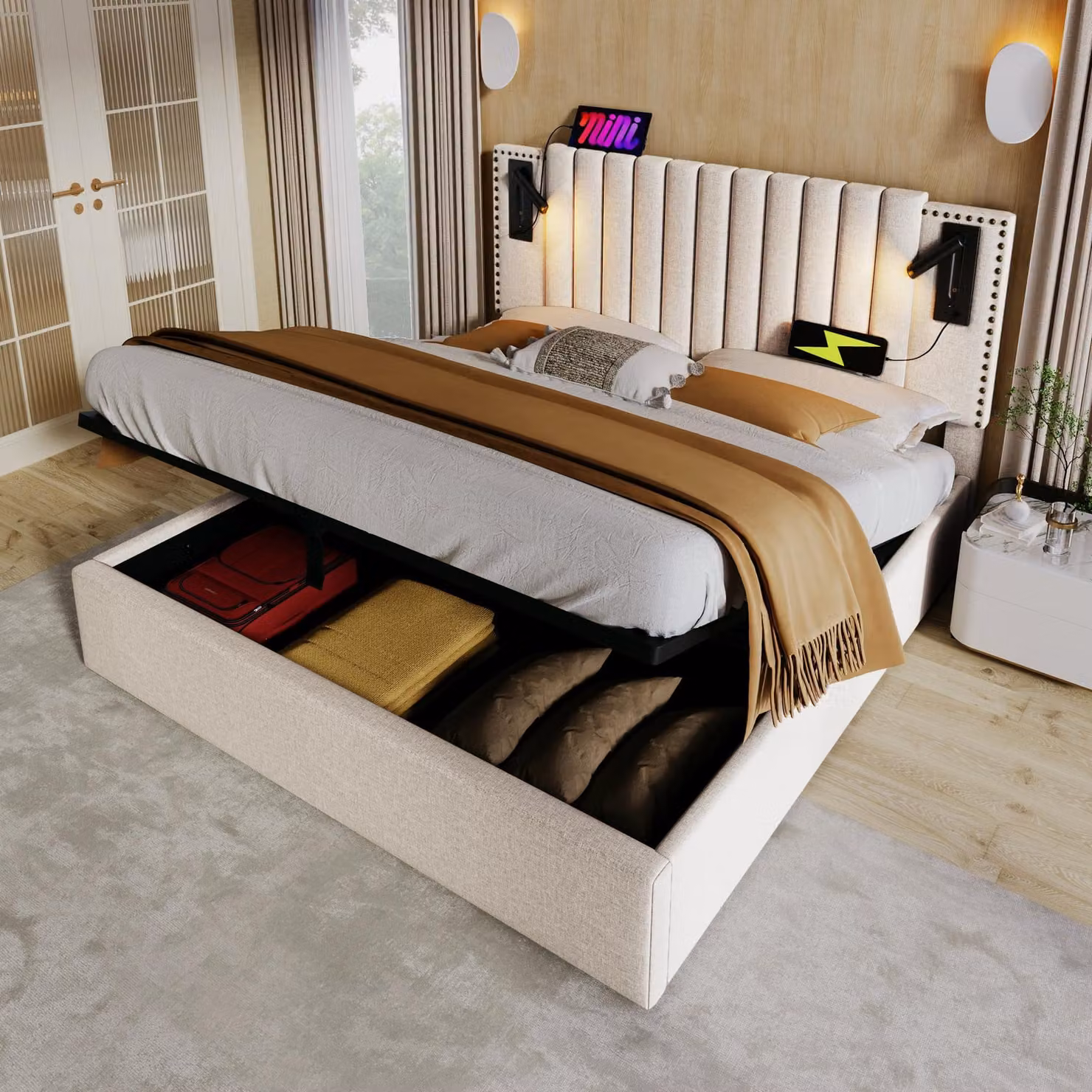 Letto imbottito 140x200 cm con contenitore, luce da lettura, 2 porte USB e 2 porte Type-C, poggiatesta regolabile in altezza e rete a doghe, color beige