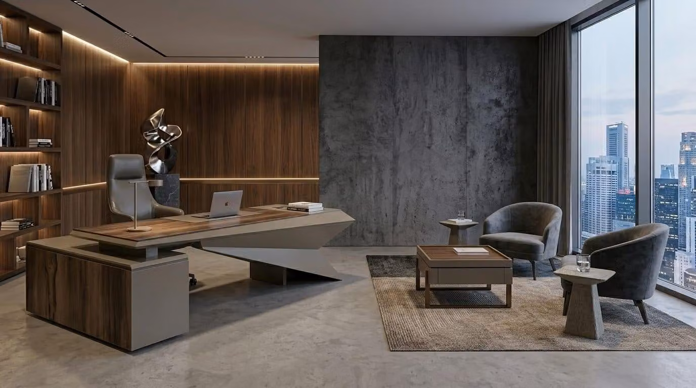Ufficio di design: scrivania moderna, tavolino, postazione di lavoro