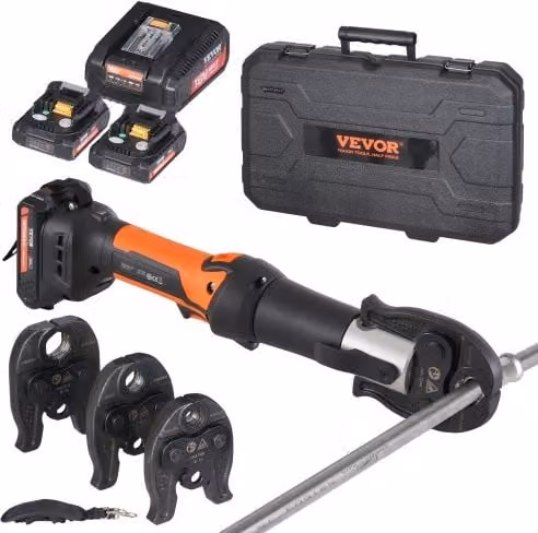 VEVOR Kit di Utensili Elettrici per Crimpatura Tubi con 2 Batterie 18 V 2,0 Ah, Caricabatterie Rapido, Ganasce M15, M22, M28 e Custodia, Arancione