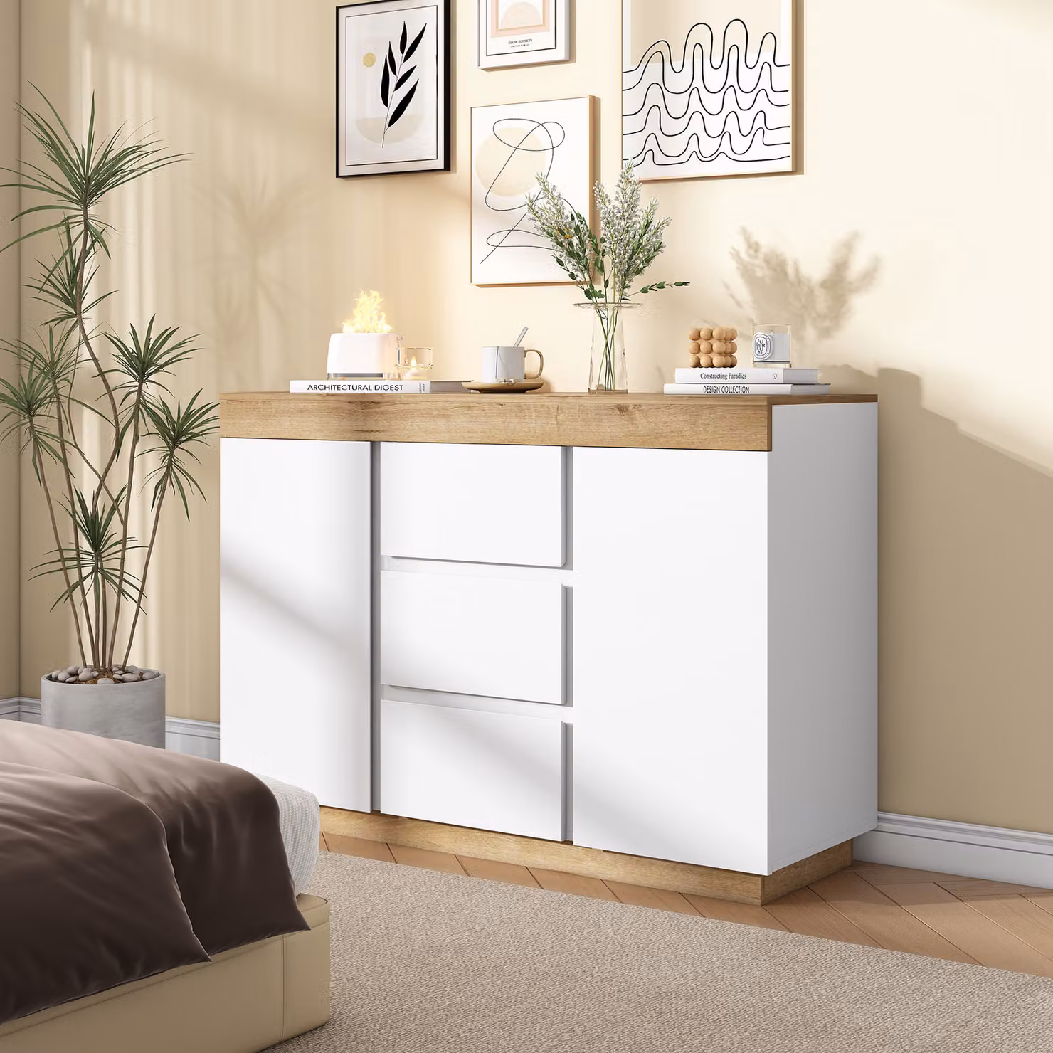 MODFU: cassettiera con 3 cassetti e 2 ante, mobile da sala da pranzo o credenza a cassetti per soggiorno, camera da letto, camera dei bambini, camera dei ragazzi e ufficio, bianco e rovere