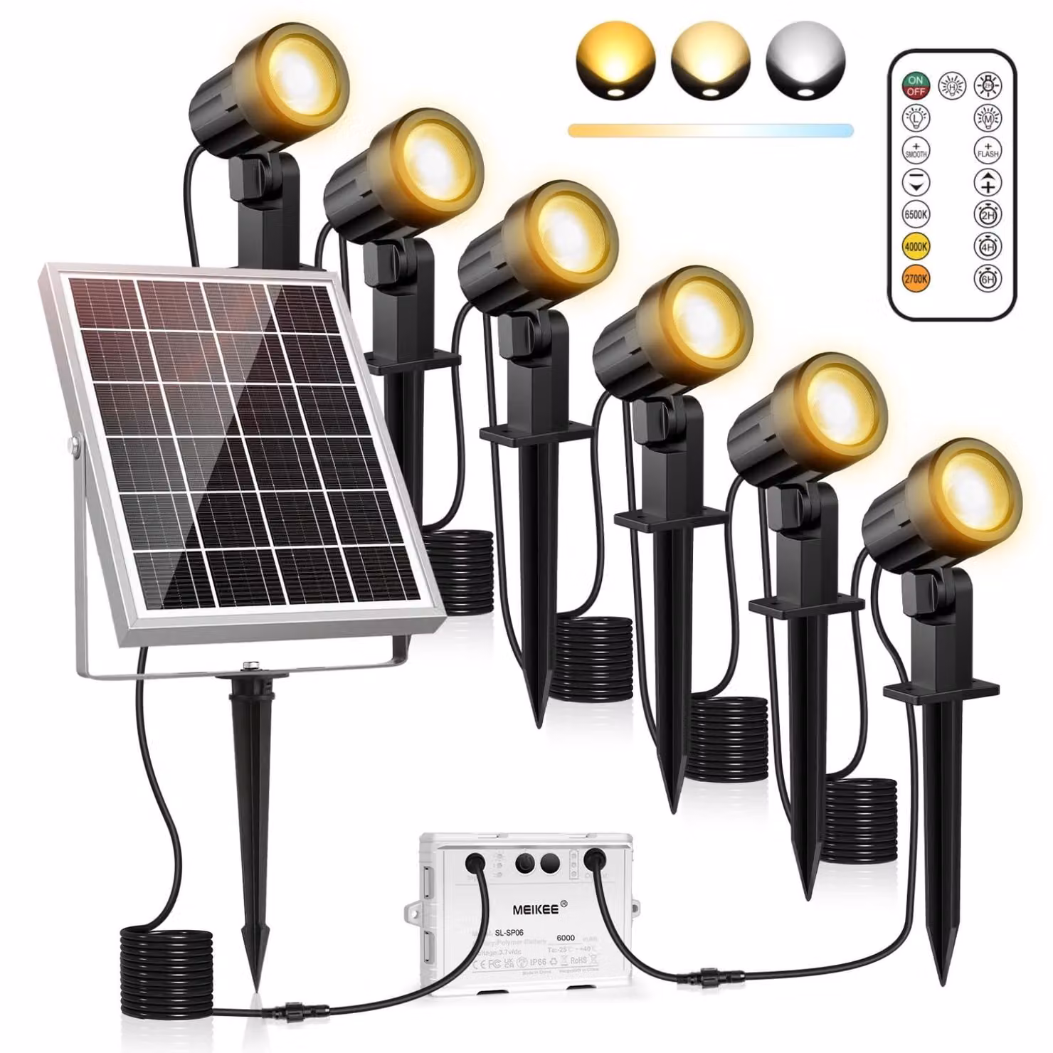 Lampada solare multifunzione 6-in-1, grado di protezione IP66, 6W, batteria da 6000 mAh, con funzione di regolazione dell'intensità luminosa e telecomando