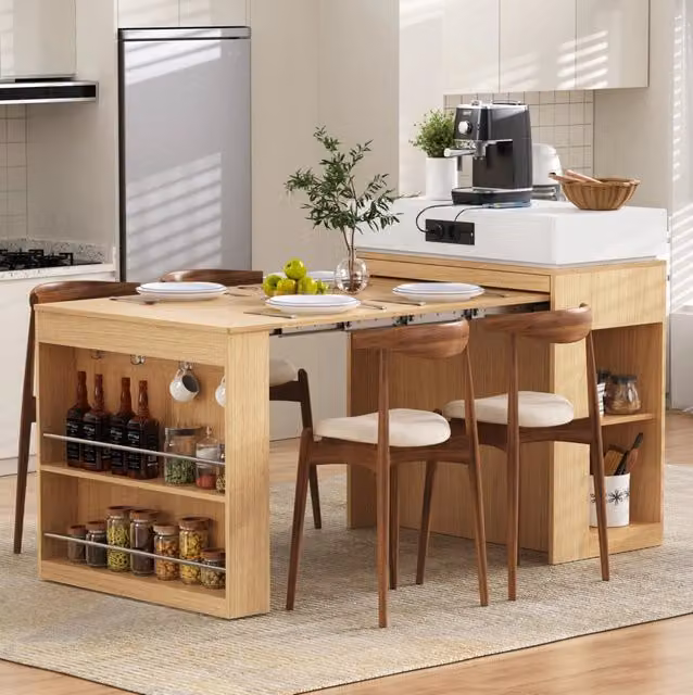 Isola cucina ULEVR 83x46-146,5x96 cm con piano pieghevole, prese integrate e vani contenitore, finitura naturale