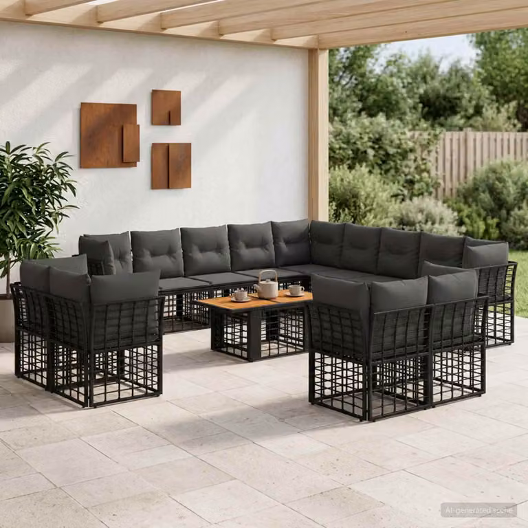 Set Divano da Giardino vidaXL 14 pz a Forma a U in Polyrattan con Cuscini e Tavolino, Nero e Grigio