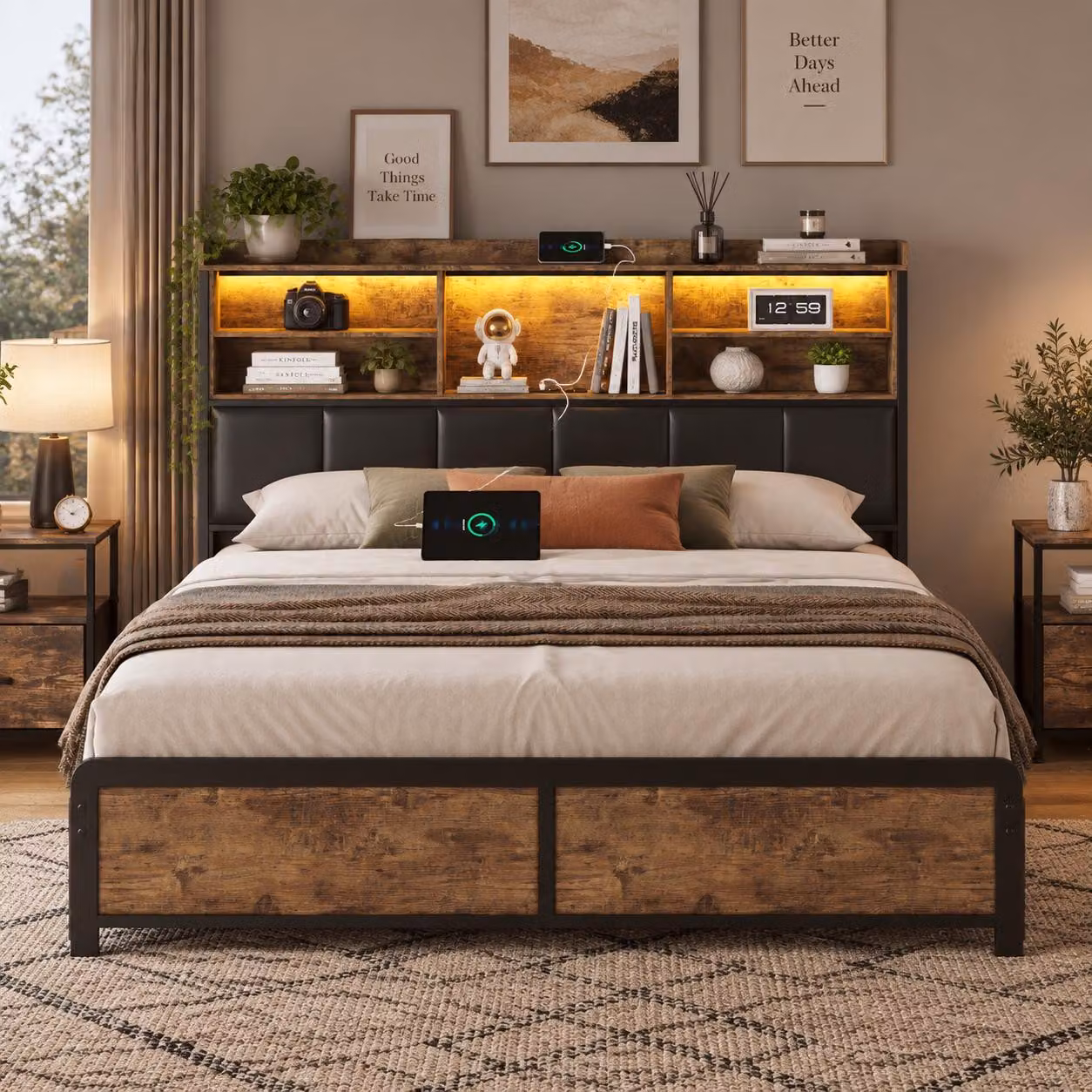 Letto imbottito INONEFT 160x200 con illuminazione LED e funzione di ricarica USB, struttura in metallo con 4 cassetti, letto matrimoniale con testiera contenitore, rivestito in PU, colore nero