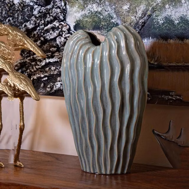 Vaso da tavolo DMORA in ceramica con finitura effetto materico, Verde e Beige
