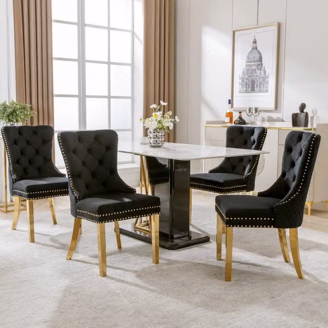 Sedia da pranzo con anello posteriore borchie e piedi regolabili in acciaio inox dorato velluto nero 50,5 × 45 × 95 cm