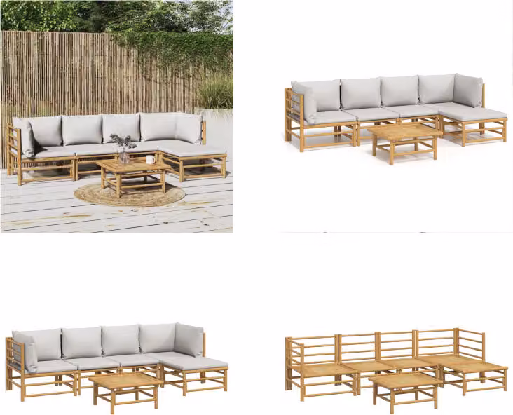vidaXL Set da salotto da giardino in 6 pezzi con cuscini in bambù grigio chiaro - Set da salotto da giardino - Set da salotto - Set da arredo da giardino