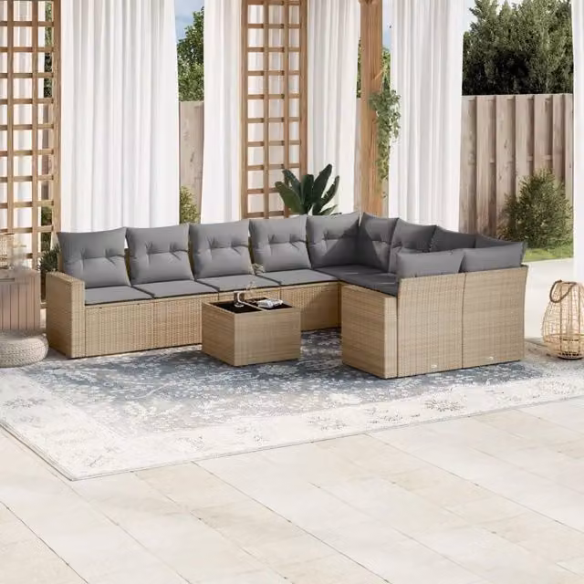 Set Divano da Giardino 10 pz con Cuscini Beige in Polyrattan 3219439