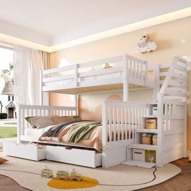 Letto a castello 90x200 e 140x200 cm con cassetti e contenitori; legno massello; bianco; senza materasso
