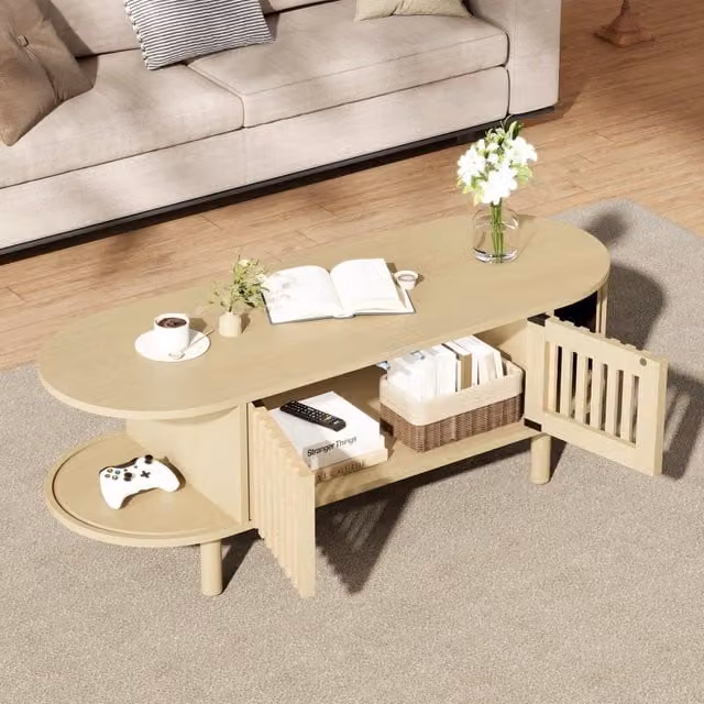 Desviae Tavolino basso ovale in MDF con gambe in legno 2 ante a lamelle e anta scorrevole colore naturale 100 × 40 × 38 cm