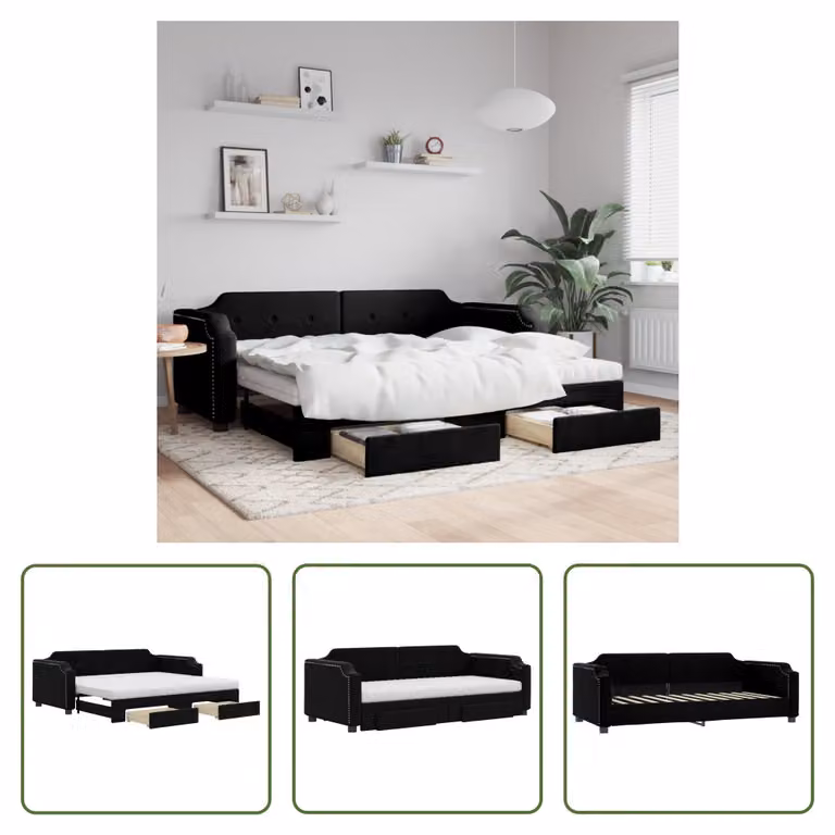 The Living Store Lettino allungabile con cassetti nero 80x200 cm in tessuto