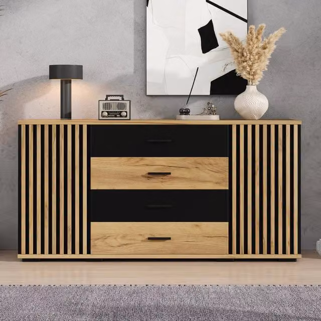 Credenza 140x35x70 cm; mobile soggiorno 4 cassetti 2 ante in MDF. Credenza rovere e nero con design scanalato.