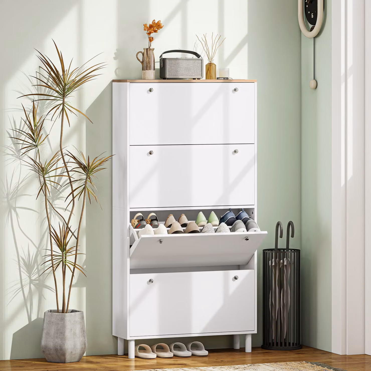 Scarpiera Slim HOMCOM Bianca con 4 Cassetti Ribaltabili e Ripiani Regolabili, L: 80 cm, P: 23,5 cm, H: 157 cm – 2