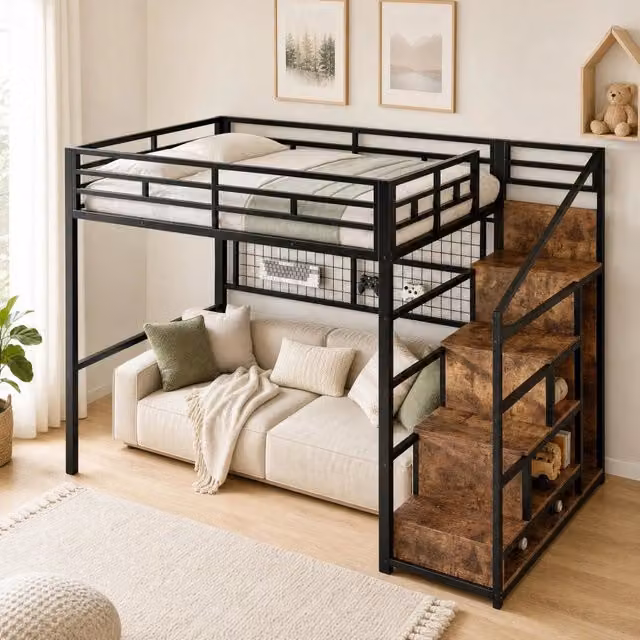 Letto a soppalco 140x200 cm con struttura in ferro, armadio a scaletta e griglia appendiabiti, LED a 7 colori, senza materasso, nero