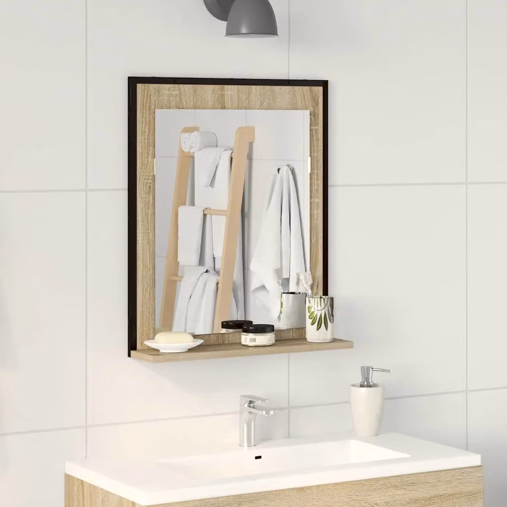 Specchio da bagno moderno vidaXL con scaffale, Nero, L: 50 cm, P: 12 cm, H: 60 cm