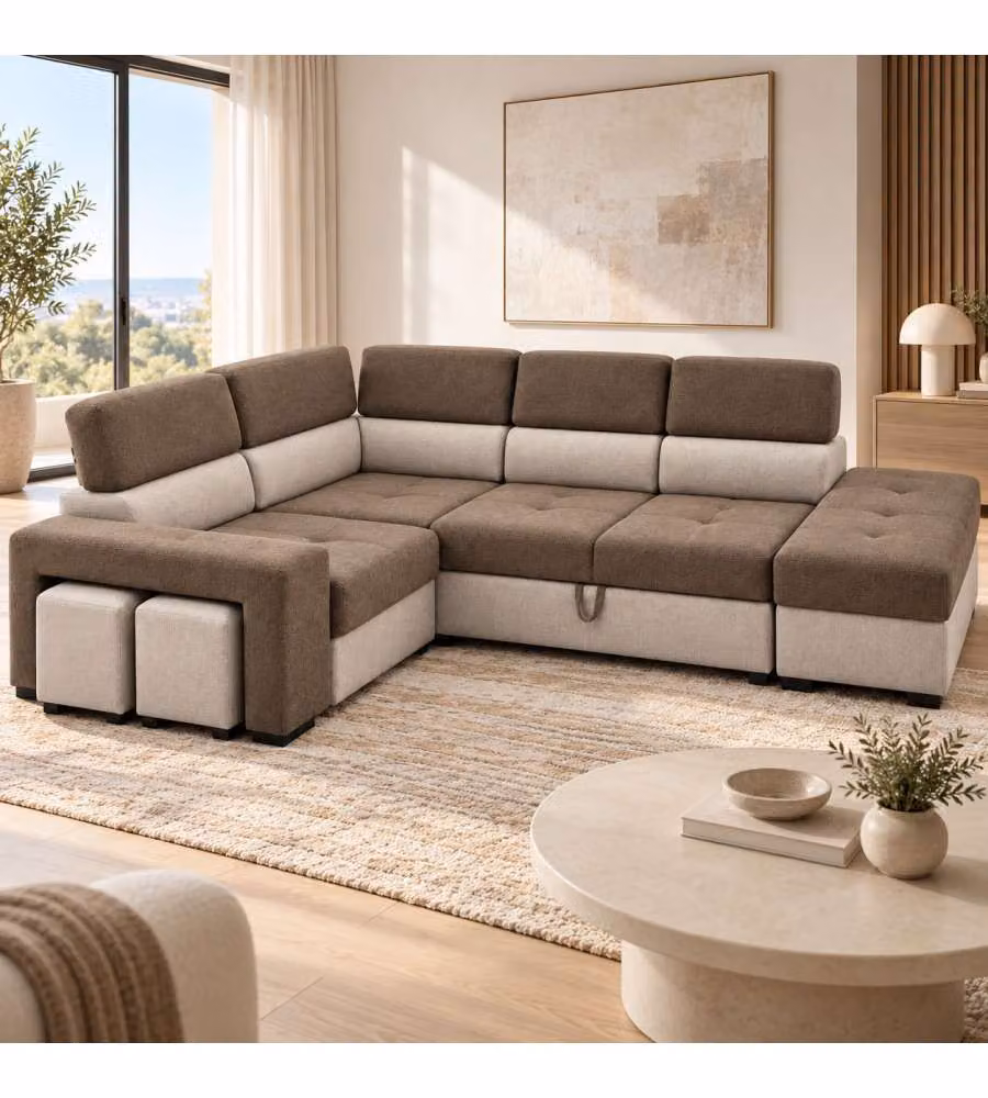 Divano Letto Angolare con Contenitore e 2 Pouf in Tessuto Marrone Beige - Antonello Domo Mea