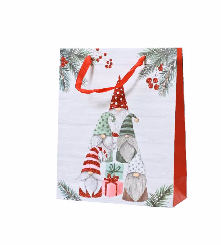 Busta Regalo di Natale con Decorazione Gnomi - Grande - 30x12x42 cm