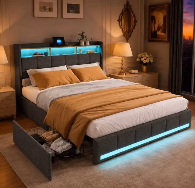 Letto matrimoniale imbottito 140x200 cm con 4 cassetti ; letto Contenitore con LED e USB; letto funzionale letto adulti ;Lino Grigio Scuro