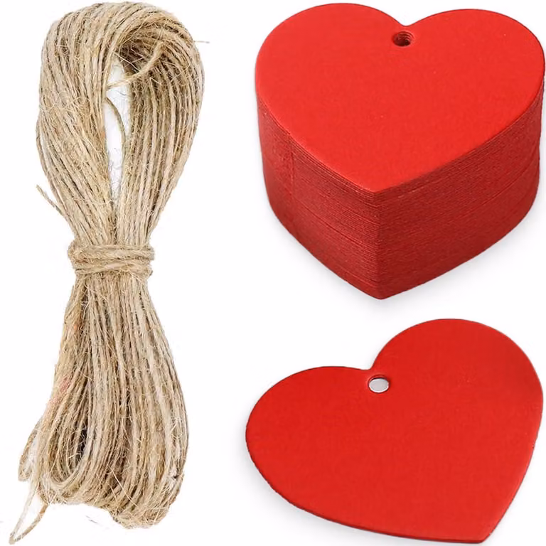 Etichette a forma di cuore in carta kraft, colore bianco, confezione da 100 pezzi + corda di juta