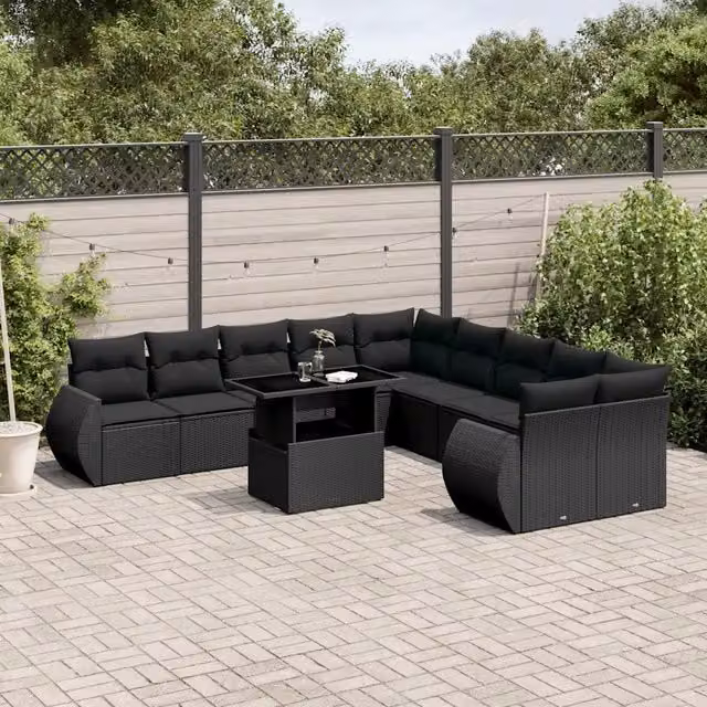 Set di Divani da Giardino a L vidaXL in Polyrattan Nero con Cuscini e Tavolino da Esterno